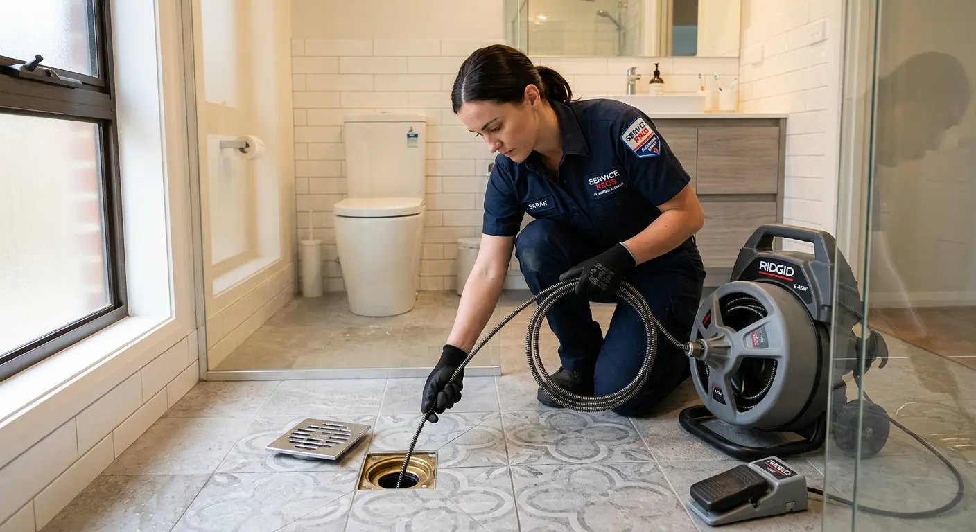 Technician clearing a bathroom floor drain for Drain Cleaning in Emmaus